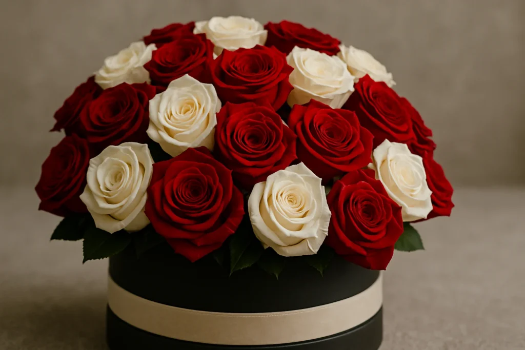 flowerbox róże czerwone i białe