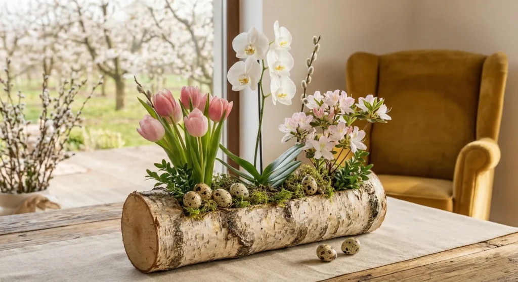 azalia, storczyk i tulipany w aranżacji na wielkanoc