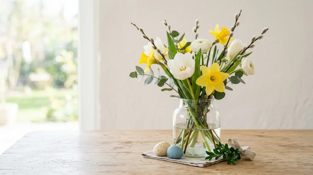 Kwiaty cięte w wazonie na wielkanoc. Minimalistyczna kompozycja premium w żółto białym odcieniu